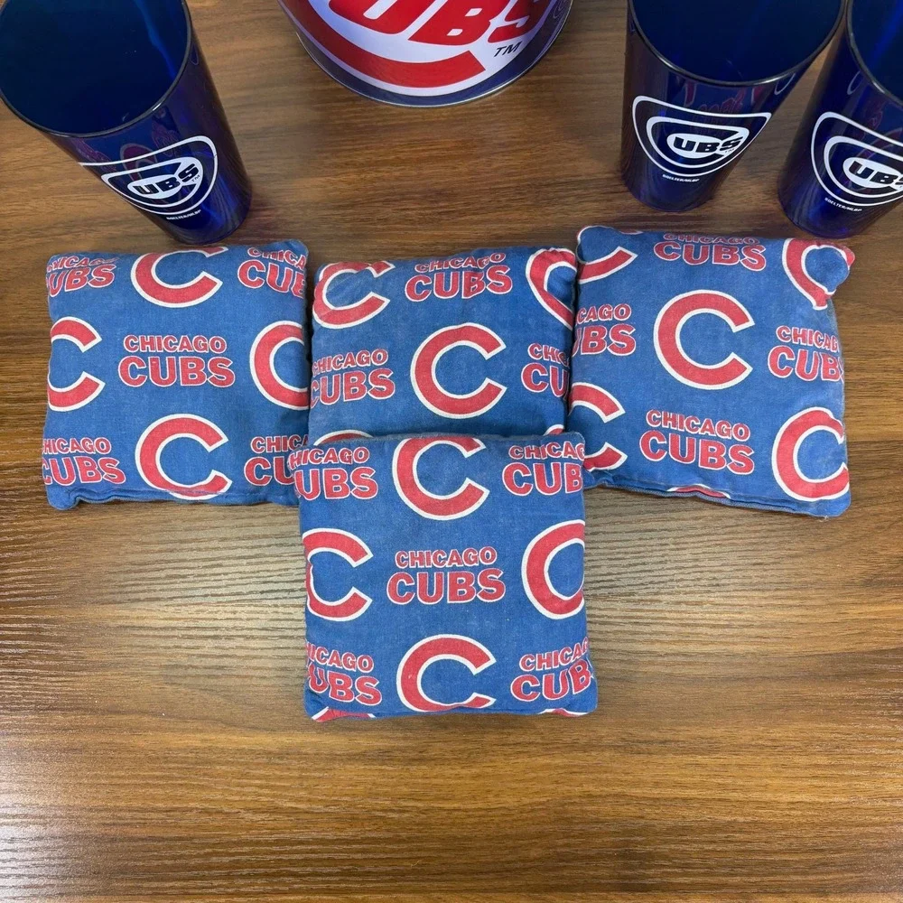 Chicago Cubs Corn Hole‎ Bags Tin Bucket and Three 16 Ounce Hard Plastic Cups